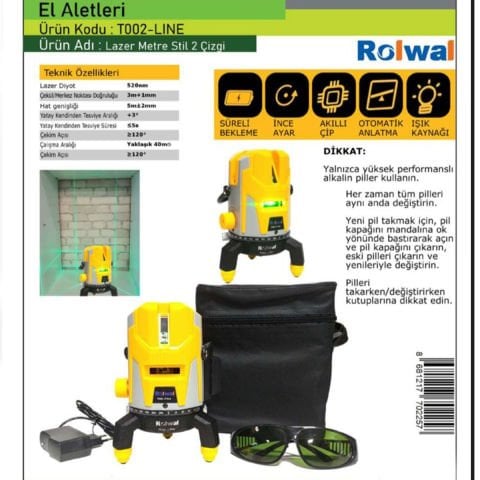 ROLWAL T002-Line 2 ÇİZGİ LAZER HİZALAMA Şarjlı Dikey-Yatay TERAZİ Yeşil Çizgili LASER