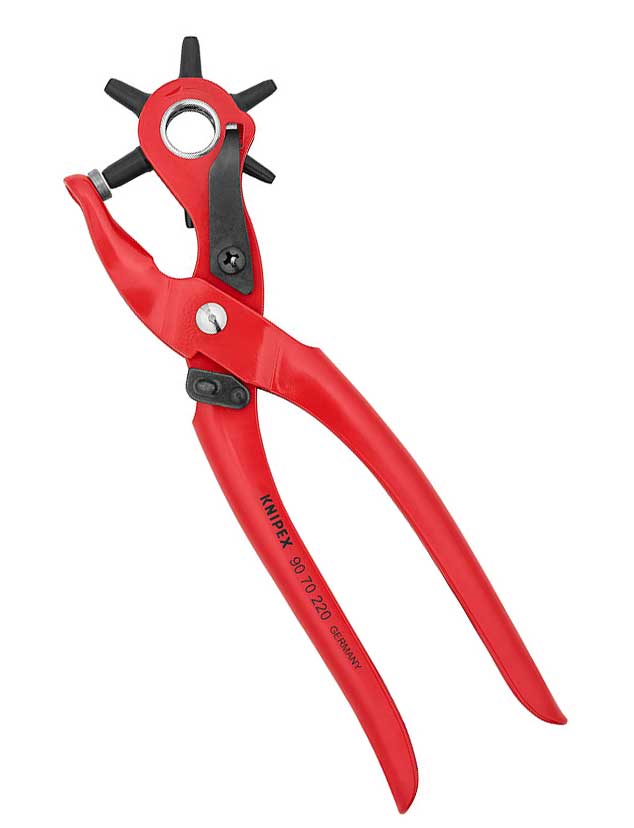 KNIPEX 9070 KEMER DELME PENSESİ KAYIŞ-DERİ-AYAKKABI-BRANDA DÖNER KAFALI DELİK AÇMA PENSİ 220 mm
