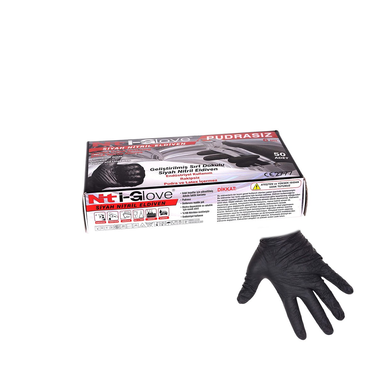 NT İ-GLOVE XL 6 mil NİTRİL ELDİVEN SİYAH 1 ad GELİŞTİRİLMİŞ SIRT DOKULU Servis Hizmetleri Endüstriyel IGNS6XL5 Sağ ve Sol Elde Kullanılır