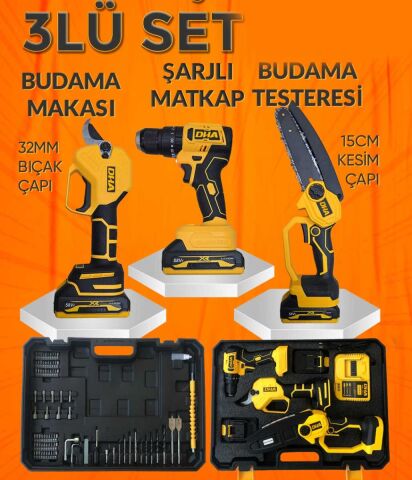DHA 3 lü set AKÜLÜ TESTERE-AKÜLÜ VİDALAMA-AKÜLÜ BUDAMA MAKASI 83 Parça BUDAMA TESTERESİ-ŞARJLI MATKAP Lityum Akü Şömine-Mangal-Soba