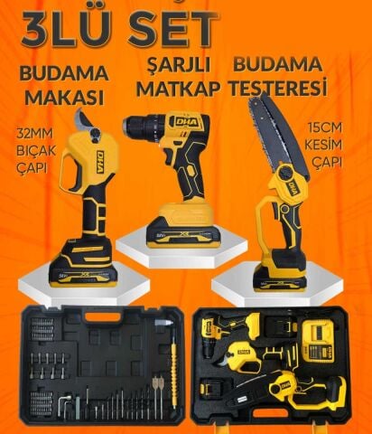 DHA 3 lü set AKÜLÜ TESTERE-AKÜLÜ VİDALAMA-AKÜLÜ BUDAMA MAKASI 83 Parça BUDAMA TESTERESİ-ŞARJLI MATKAP Lityum Akü Şömine-Mangal-Soba