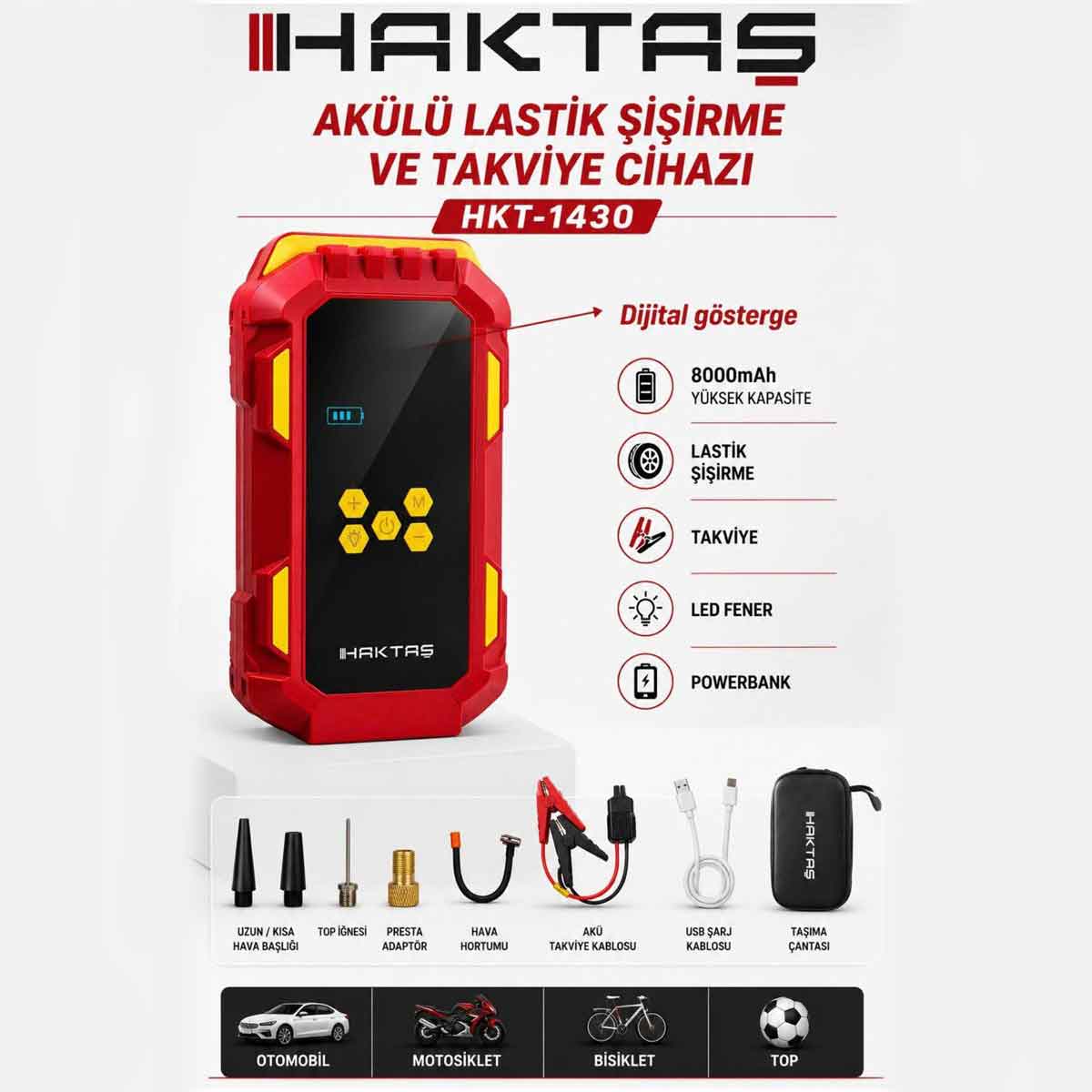 HAKTAŞ HKT1430 AKÜLÜ LASTİK ŞİŞİRME ve AKÜ TAKVİYE CİHAZI POWERBANK HAVA POMPASI HAVA BASMA 4 IN 1