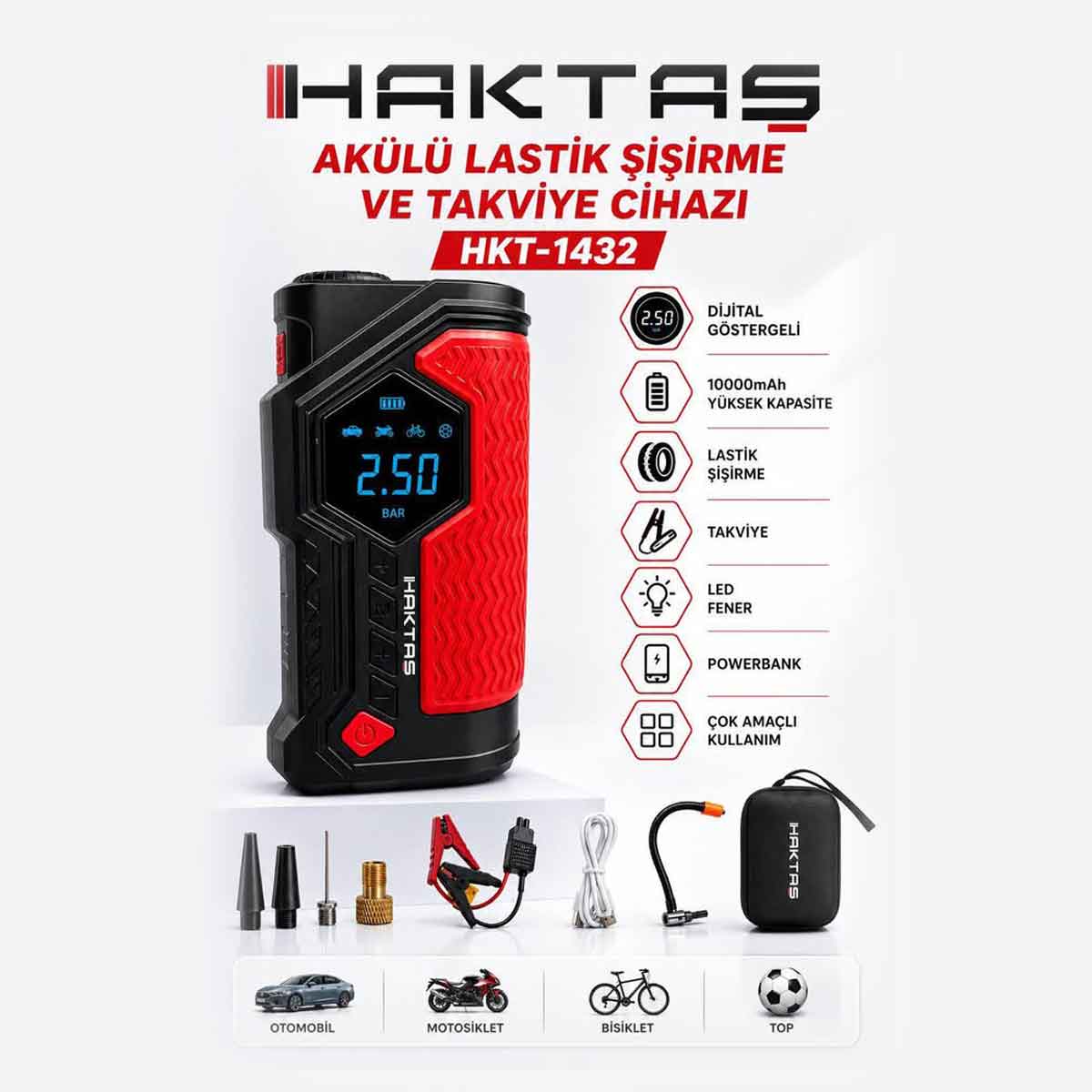 HAKTAŞ HKT1432 AKÜLÜ LASTİK ŞİŞİRME ve AKÜ TAKVİYE CİHAZI POWERBANK HAVA POMPASI HAVA BASMA 4 IN 1