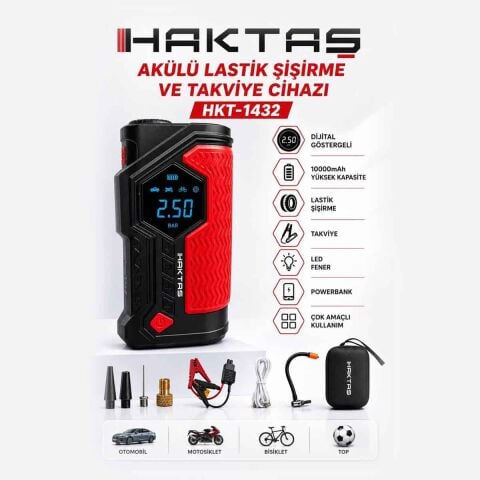 HAKTAŞ HKT1432 AKÜLÜ LASTİK ŞİŞİRME ve AKÜ TAKVİYE CİHAZI POWERBANK HAVA POMPASI HAVA BASMA 4 IN 1