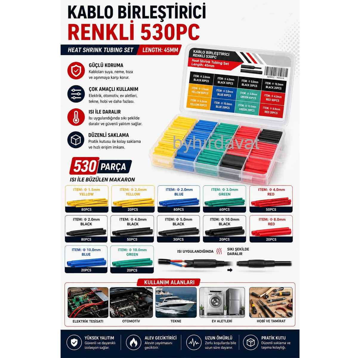530 Parça KABLO BİRLEŞTİRİCİ Set ISI İLE BÜZÜLEN MAKARON ELEKTRİK TESİSATI-OTOMOTİV-TEKNE-YAT-EV ALETLERİ-HOBİ ve TAMİRAT