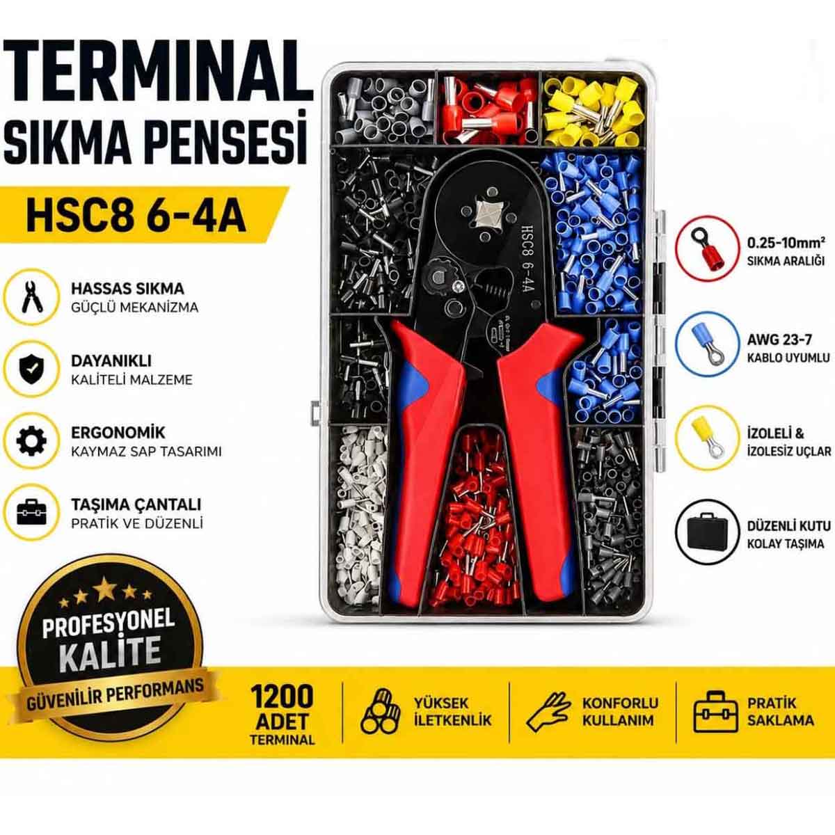 HSC8 6-4A 1200 Parça TERMİNAL SIKMA PENSESİ ve UÇ Seti İzoleli Kablo Yüksük Seti Kolay Kullanım Ev Ofis İş Yeri ve Sanayi İçin Kablo Sıkıştırma Seti