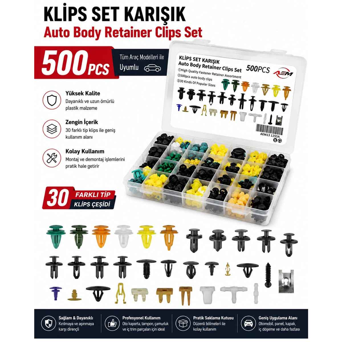 500 Parça AUTO KLİPS Seti UNİVERSAL Kapı Döşemeleri-Motor Kaputu-Tampon Bağlantıları-Bağaj ve İç Bağlantılar OTOMOBİL KAMYON KAMYONET ARAZİ ARACI KARIŞIK RENK ve MODEL