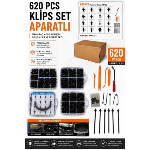 620 Parça AUTO KLİPS Seti ve Takma Aparatı UNİVERSAL Kapı Döşemeleri-Motor Kaputu-Tampon Bağlantıları-Bağaj ve İç Bağlantılar OTOMOBİL KAMYON KAMYONET ARAZİ ARACI KARIŞIK RENK ve MODEL