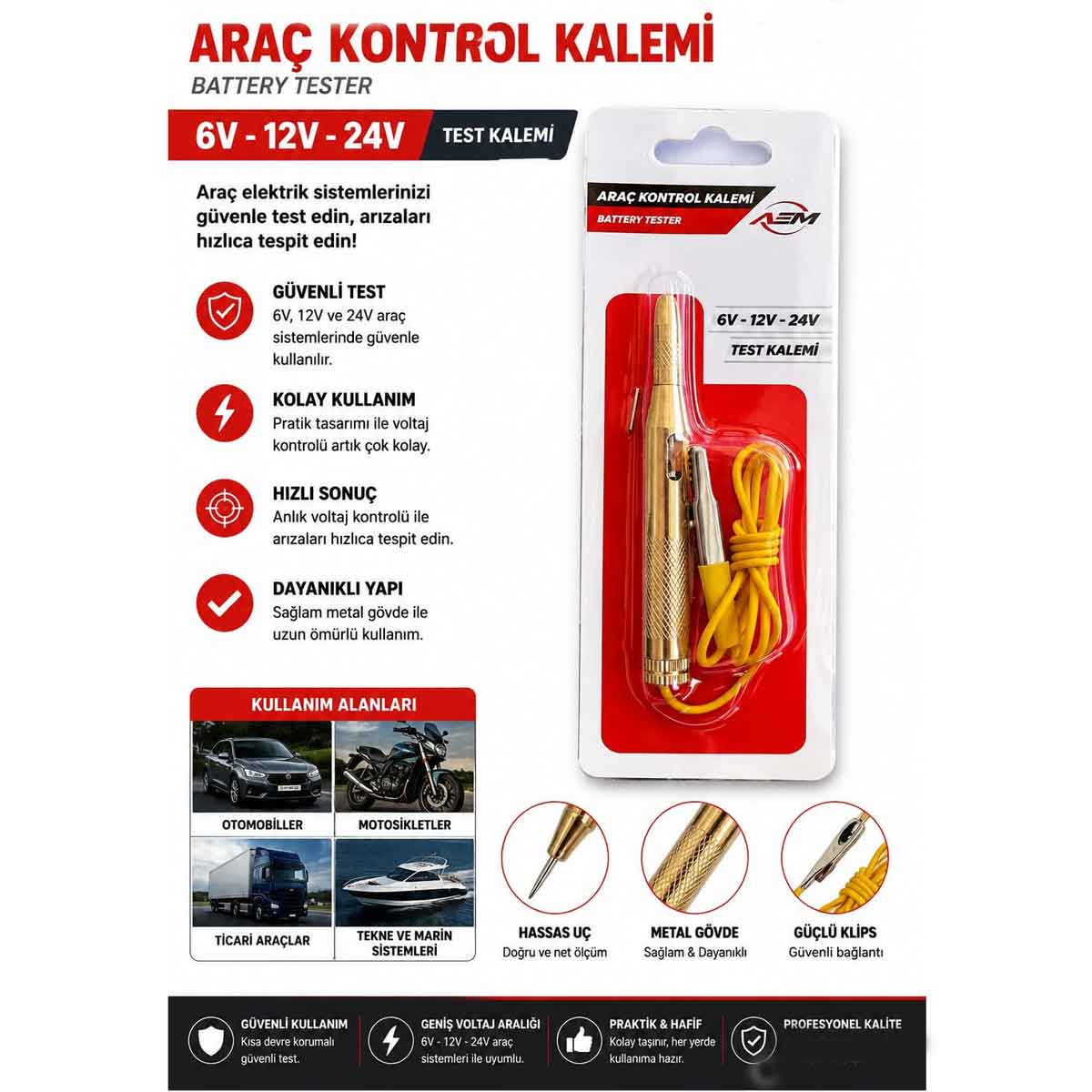 AEM OTO ELEKTRİK KONTROL KALEMİ 6-12-24 VOLT OTO KONTROL KALEMİ ÖLÇÜ ALETİ  OTO TEST KALEMİ