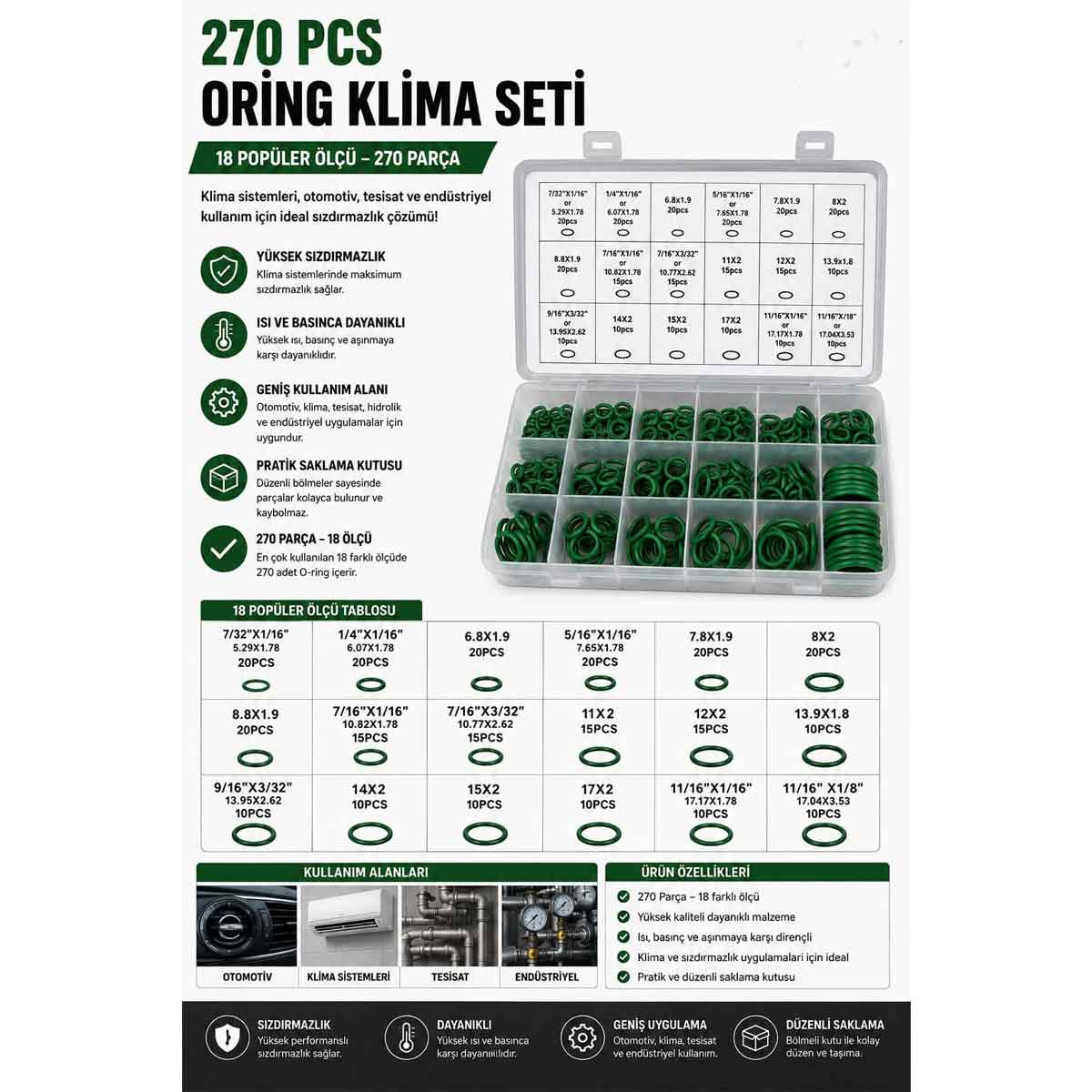 270 Parça O-RİNG Seti Yeşil OTOMOTİV-KLİMA SİSTEMİ-TESİSAT-ENDÜSTRİYEL ORİNG seti