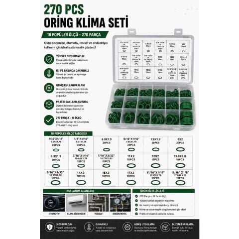 270 Parça O-RİNG Seti Yeşil OTOMOTİV-KLİMA SİSTEMİ-TESİSAT-ENDÜSTRİYEL ORİNG seti