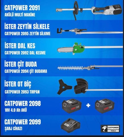 CATPOWER 2091 4 lü MULTİ FONKSİYONEL ŞARJLI ÇİFT AKÜLÜ MAKİNE SETİ CAT POWER ÇİT KESME-YÜKSEK DAL BUDAMA-TIRPAN-ZEYTİN SİLKME
