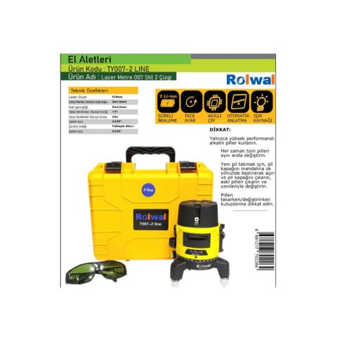 ROLWAL T007-Line 2 ÇİZGİ LAZER HİZALAMA Şarjlı Dikey-Yatay TERAZİ Yeşil Çizgili LASER