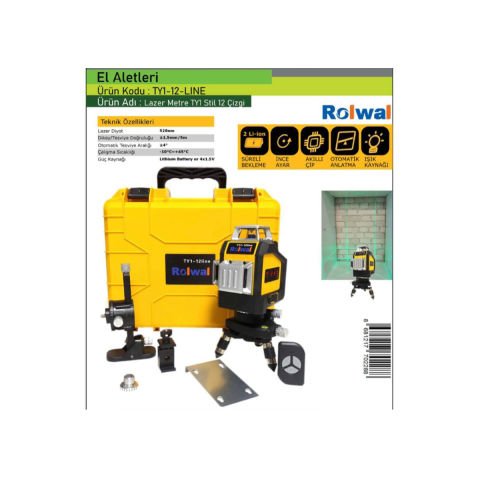 ROLWAL TY1 STİL 12 ÇİZGİ LAZER HİZALAMA Akülü Şarjlı Dikey-Yatay-Kare-Dikdörtgen TERAZİ Yeşil Çizgili LASER